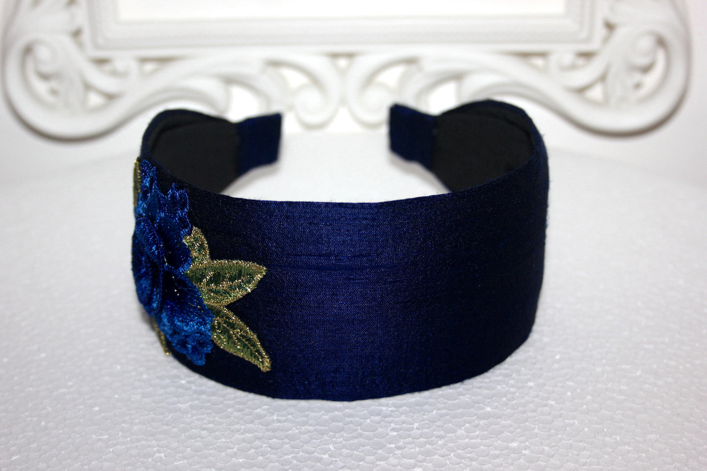 Dark Blue silk head band 2.35" inch embroidered hairband with 3D flower appliquie Fashion head scarf for women
