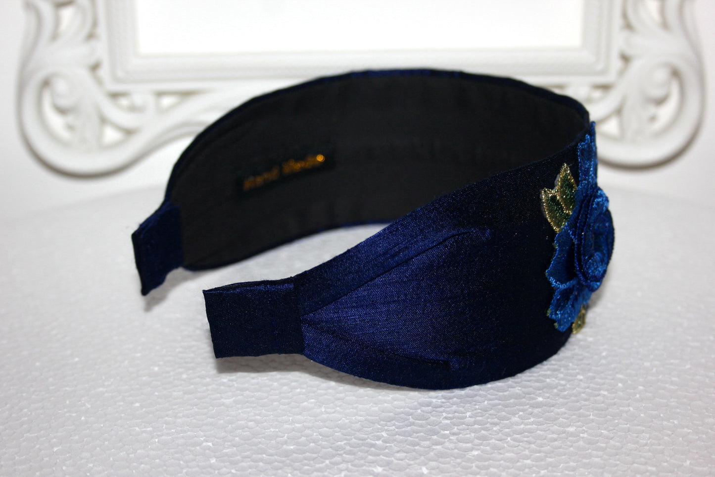 Dark Blue silk head band 2.35" inch embroidered hairband with 3D flower appliquie Fashion head scarf for women