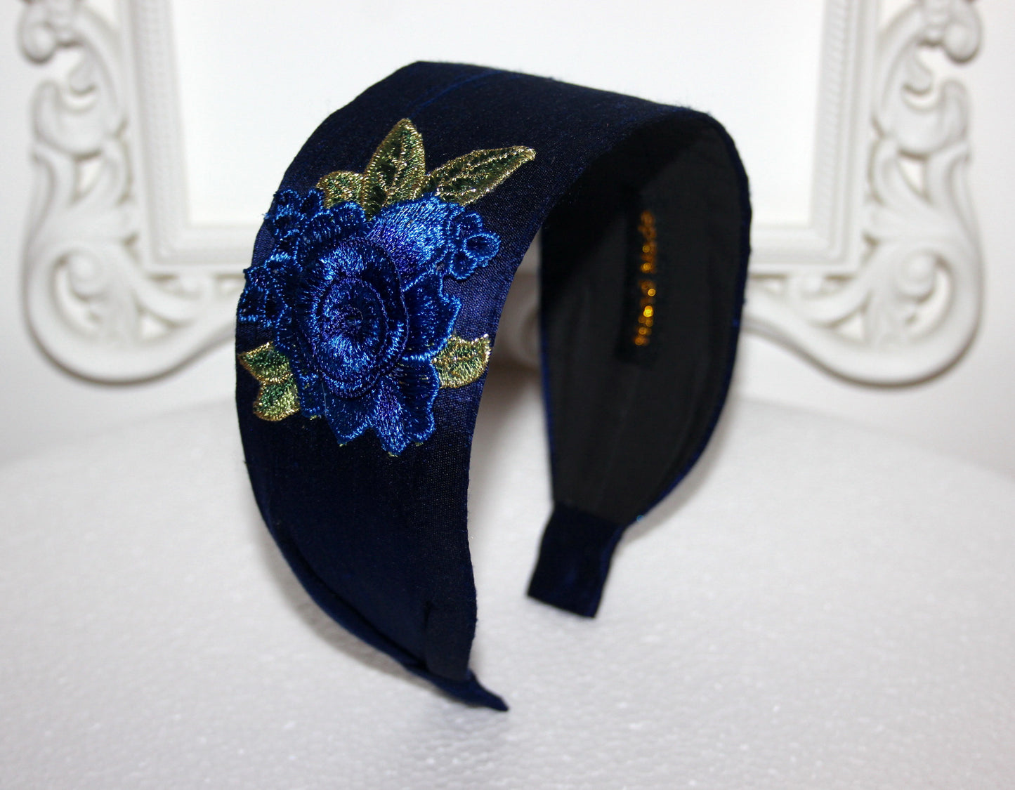 Dark Blue silk head band 2.35" inch embroidered hairband with 3D flower appliquie Fashion head scarf for women