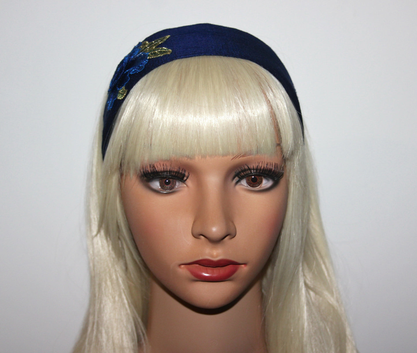 Dark Blue silk head band 2.35" inch embroidered hairband with 3D flower appliquie Fashion head scarf for women