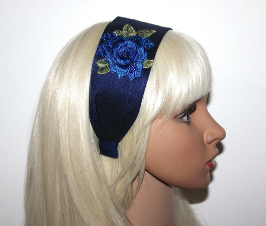 Dark Blue silk head band 2.35" inch embroidered hairband with 3D flower appliquie Fashion head scarf for women