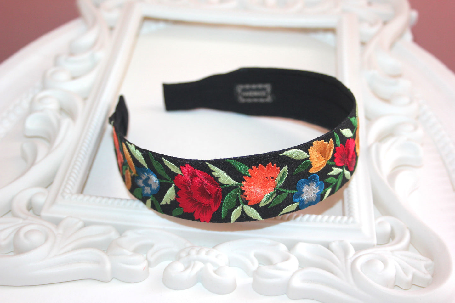 Black headband 1.35''inch Embroidered Colorful silk hairband