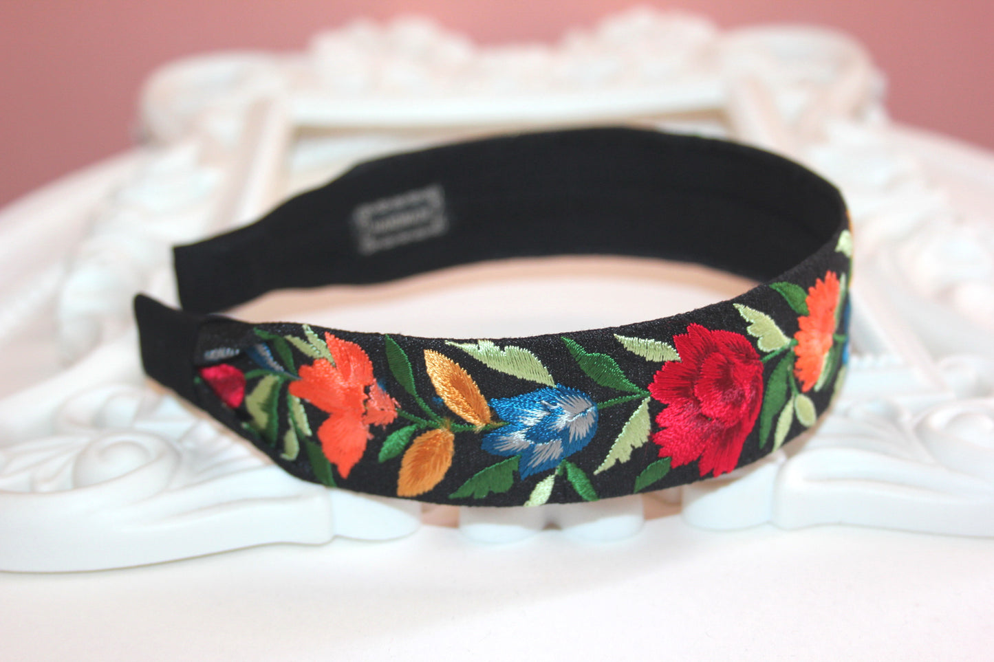 Black headband 1.35''inch Embroidered Colorful silk hairband