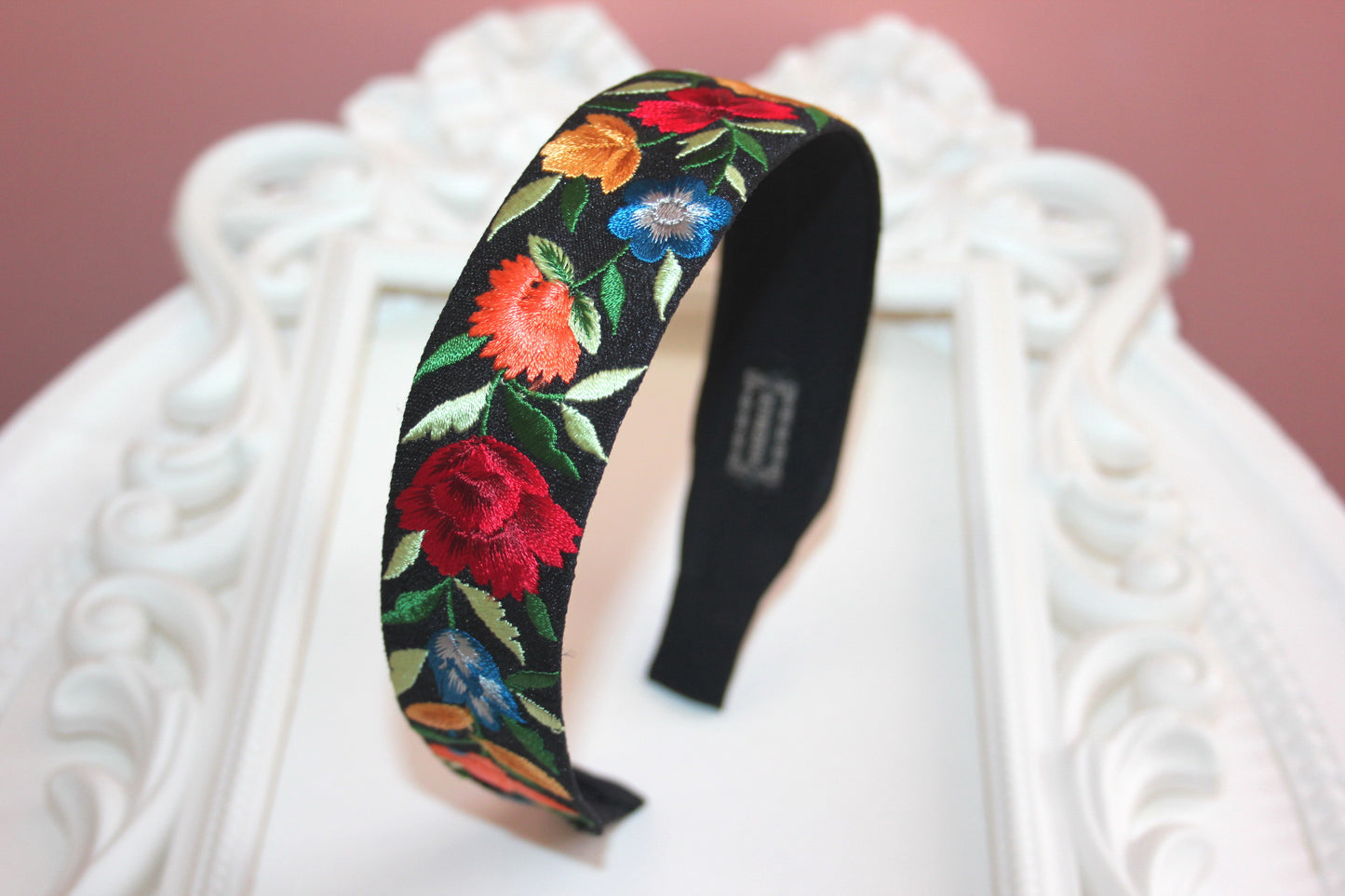 Black headband 1.35''inch Embroidered Colorful silk hairband