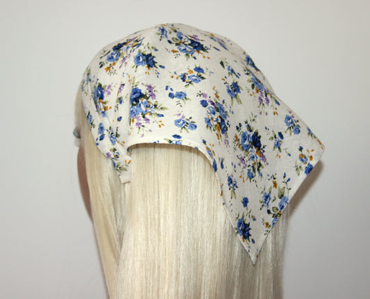 Triangle bandana headband Off White & Blue Rose linen head kerchief Retro summer bandana