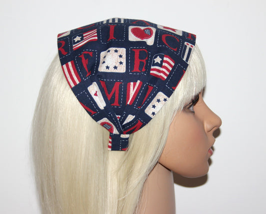 Flag bandana Dark Blue cotton patriotic head band, USA American stars head scarf, Structured headcover