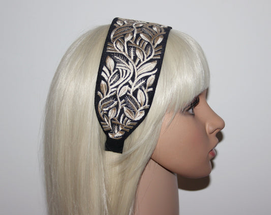 Black & Beige headband 2.75" inch fashion embroidered hairband for women