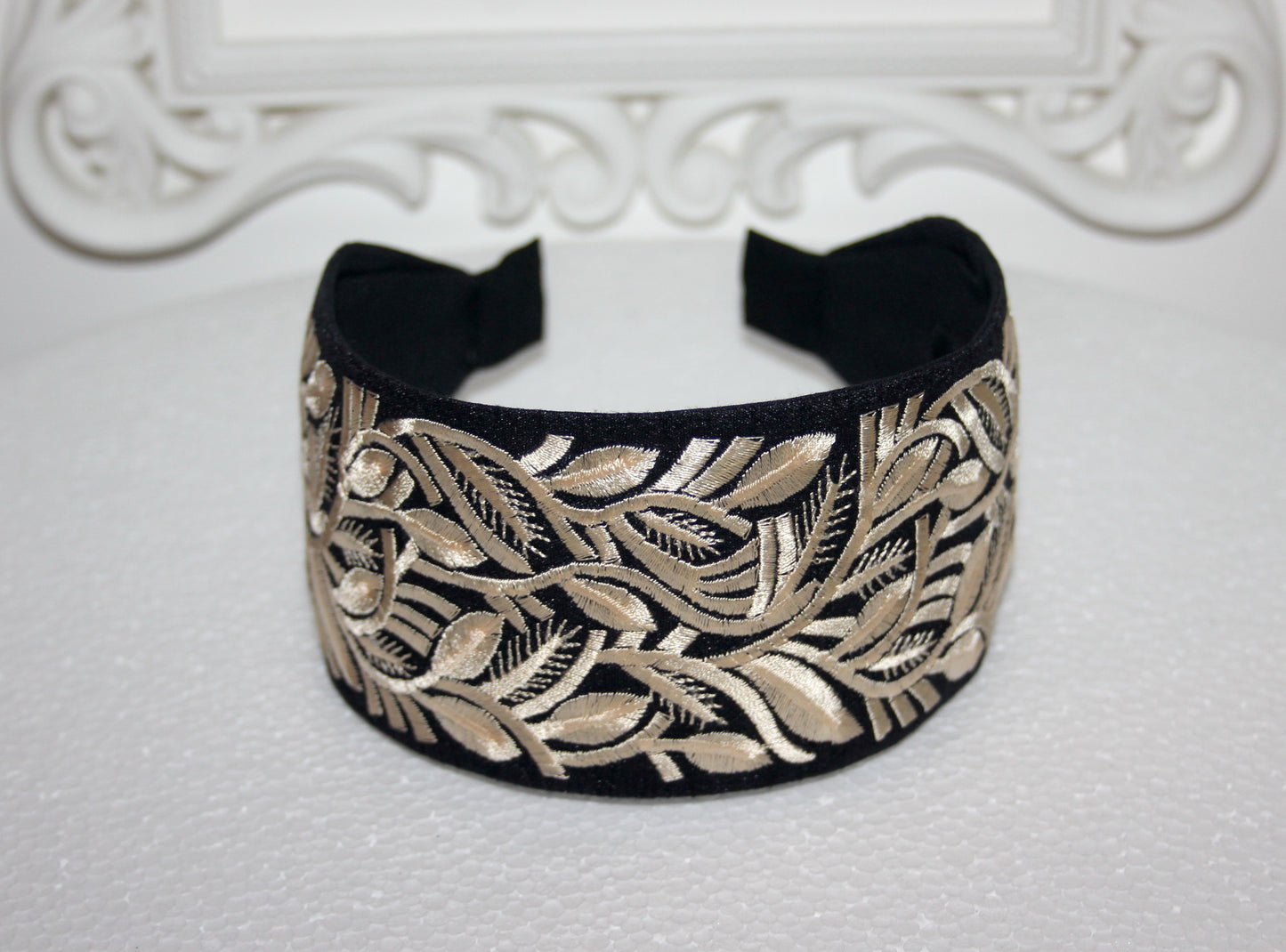 Black & Beige headband 2.75" inch fashion embroidered hairband for women