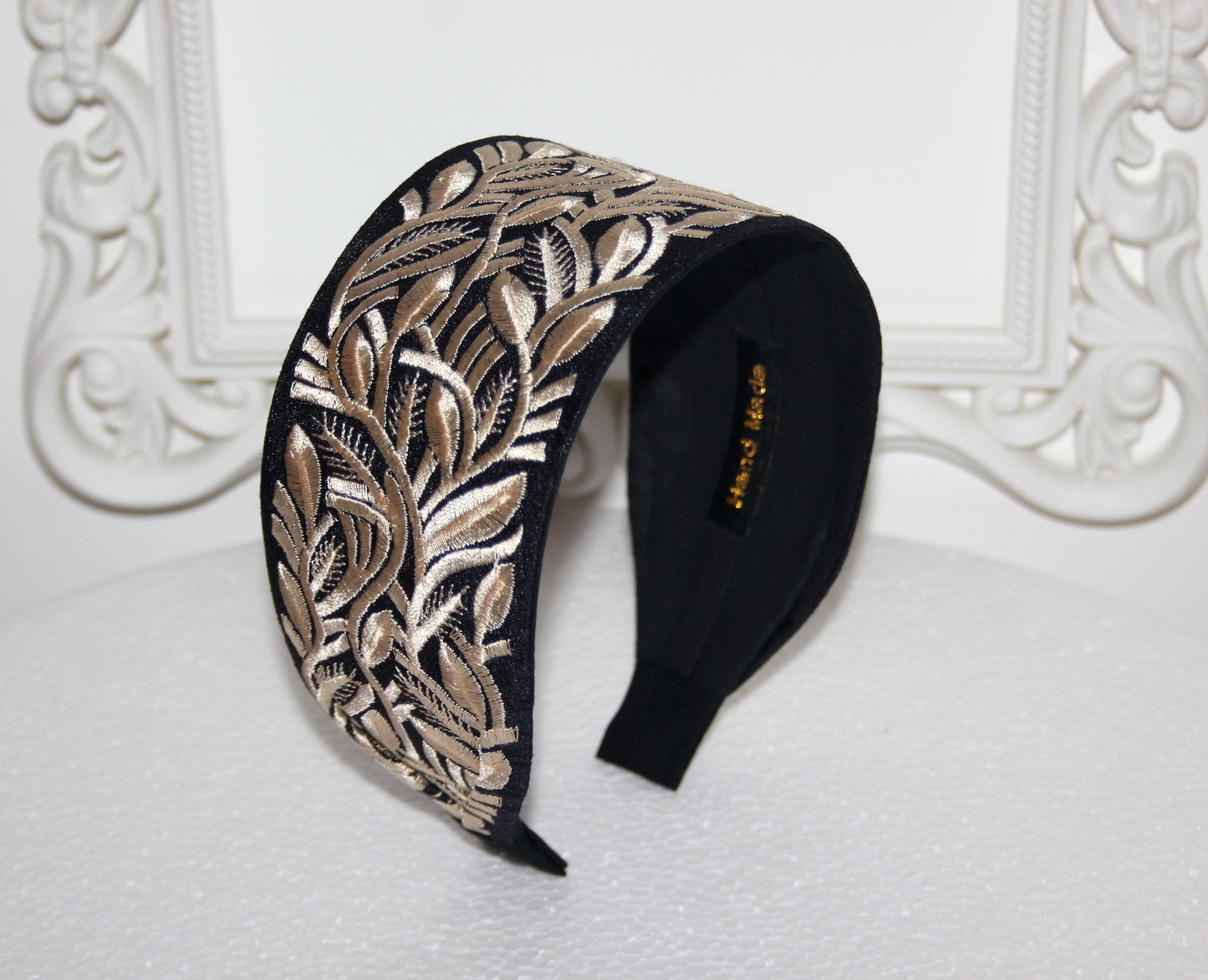 Black & Beige headband 2.75" inch fashion embroidered hairband for women