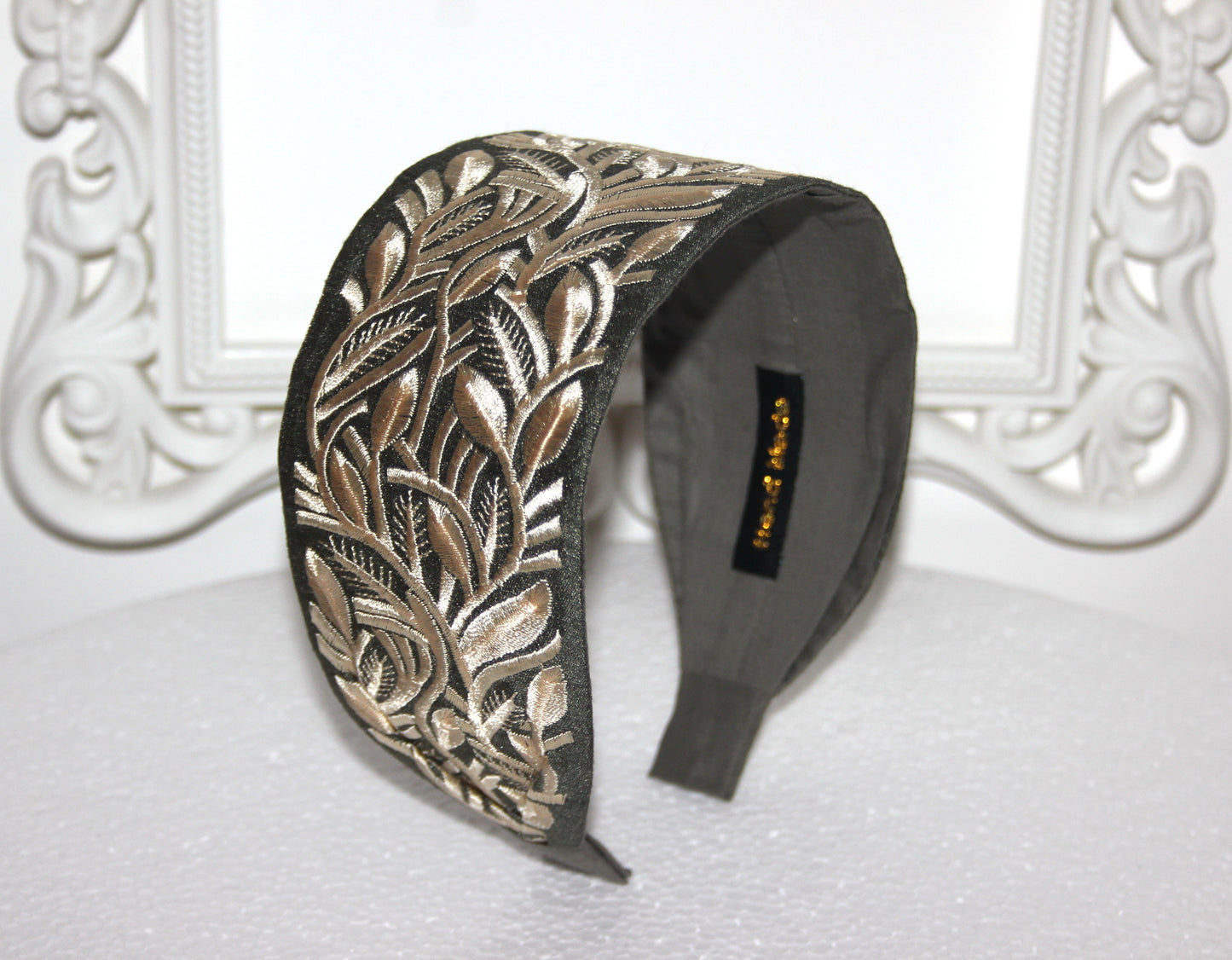 Headband for women 2.75" inch Olive Green & Beige fashion embroidered hairband