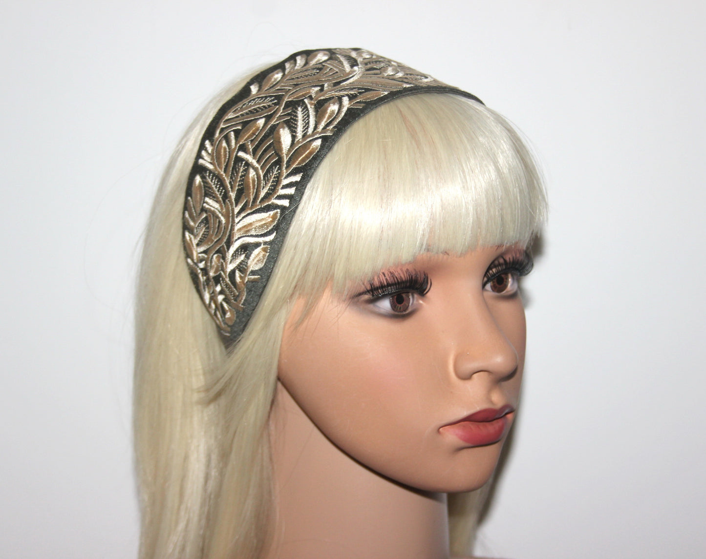 Headband for women 2.75" inch Olive Green & Beige fashion embroidered hairband