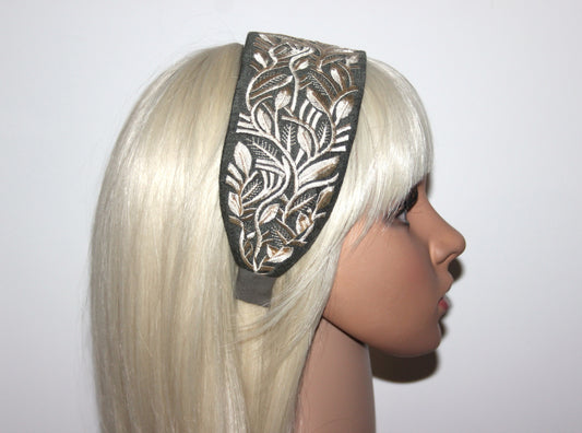 Headband for women 2.75" inch Olive Green & Beige fashion embroidered hairband