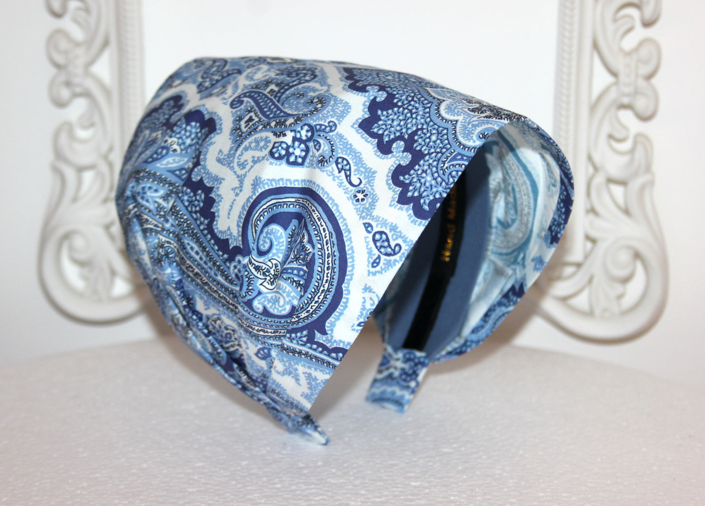 Blue bandana headband Damask print hair scarf, Extra wide head cover