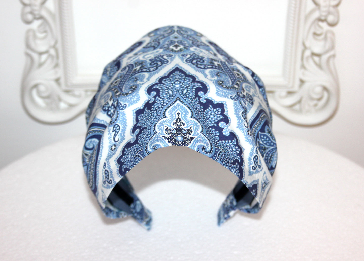 Blue bandana headband Damask print hair scarf, Extra wide head cover