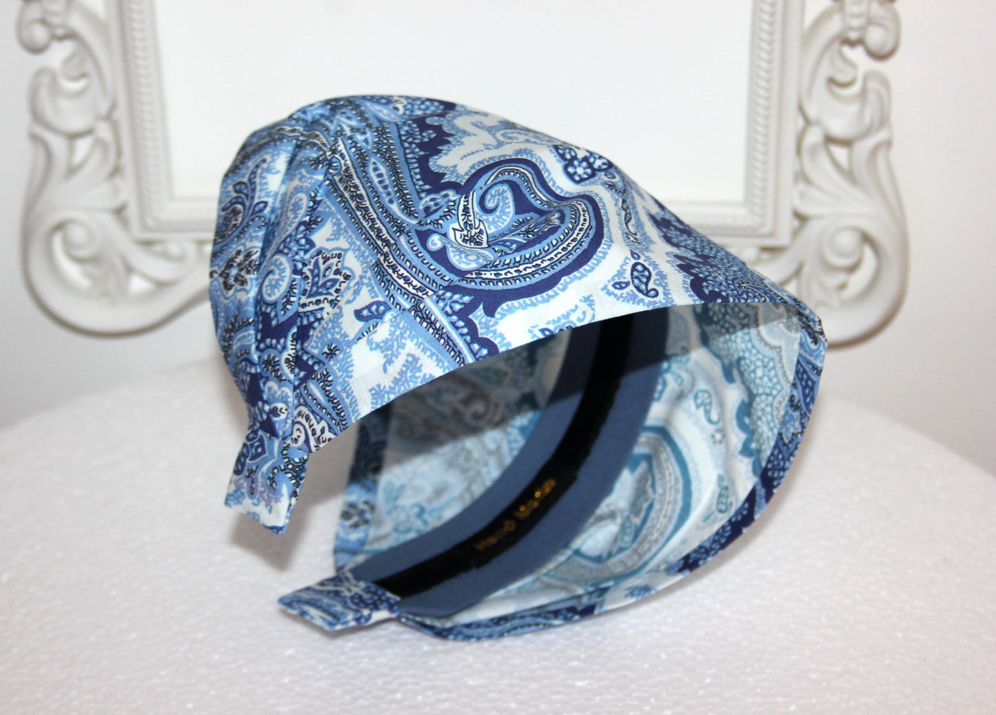 Blue bandana headband Damask print hair scarf, Extra wide head cover