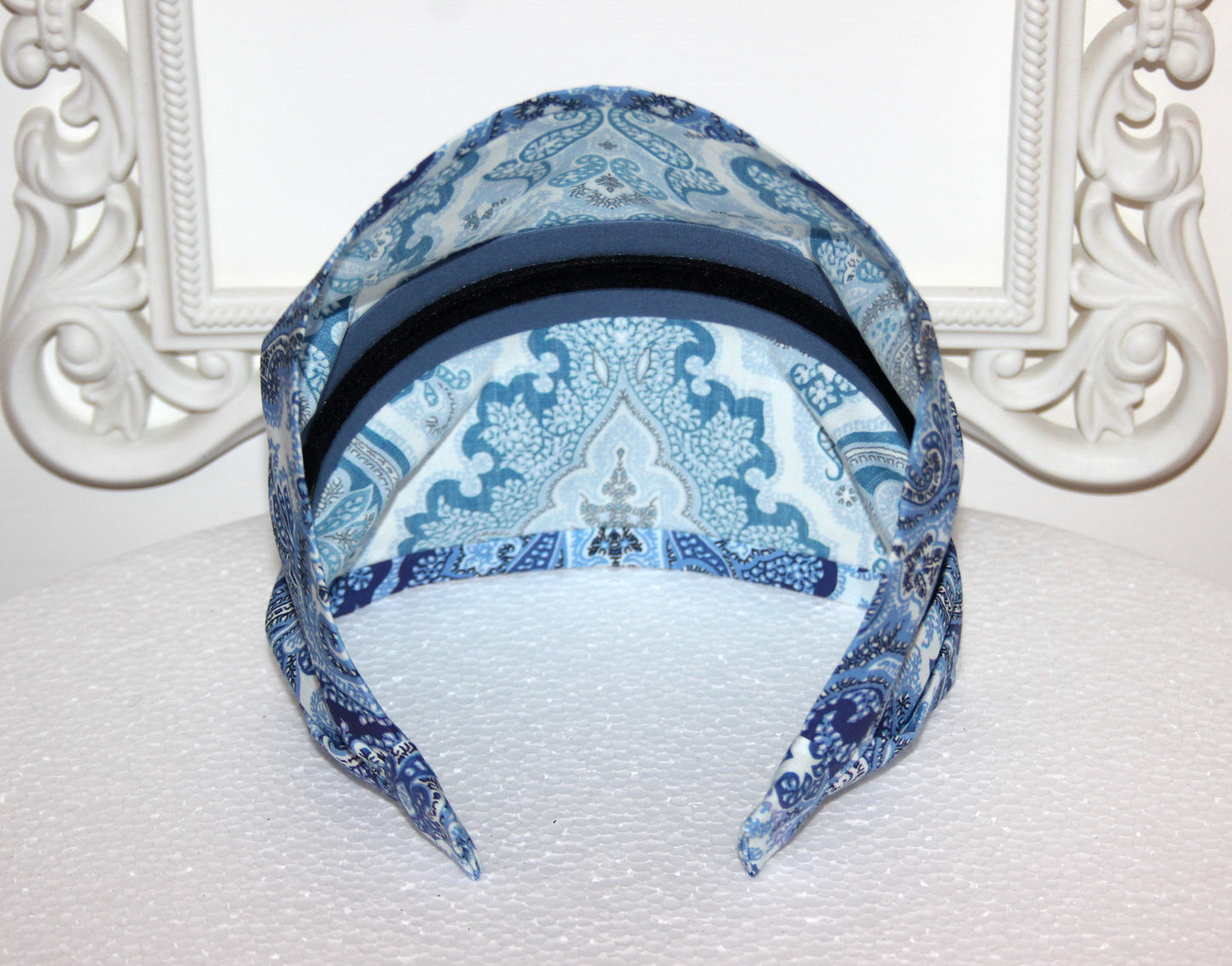 Blue bandana headband Damask print hair scarf, Extra wide head cover