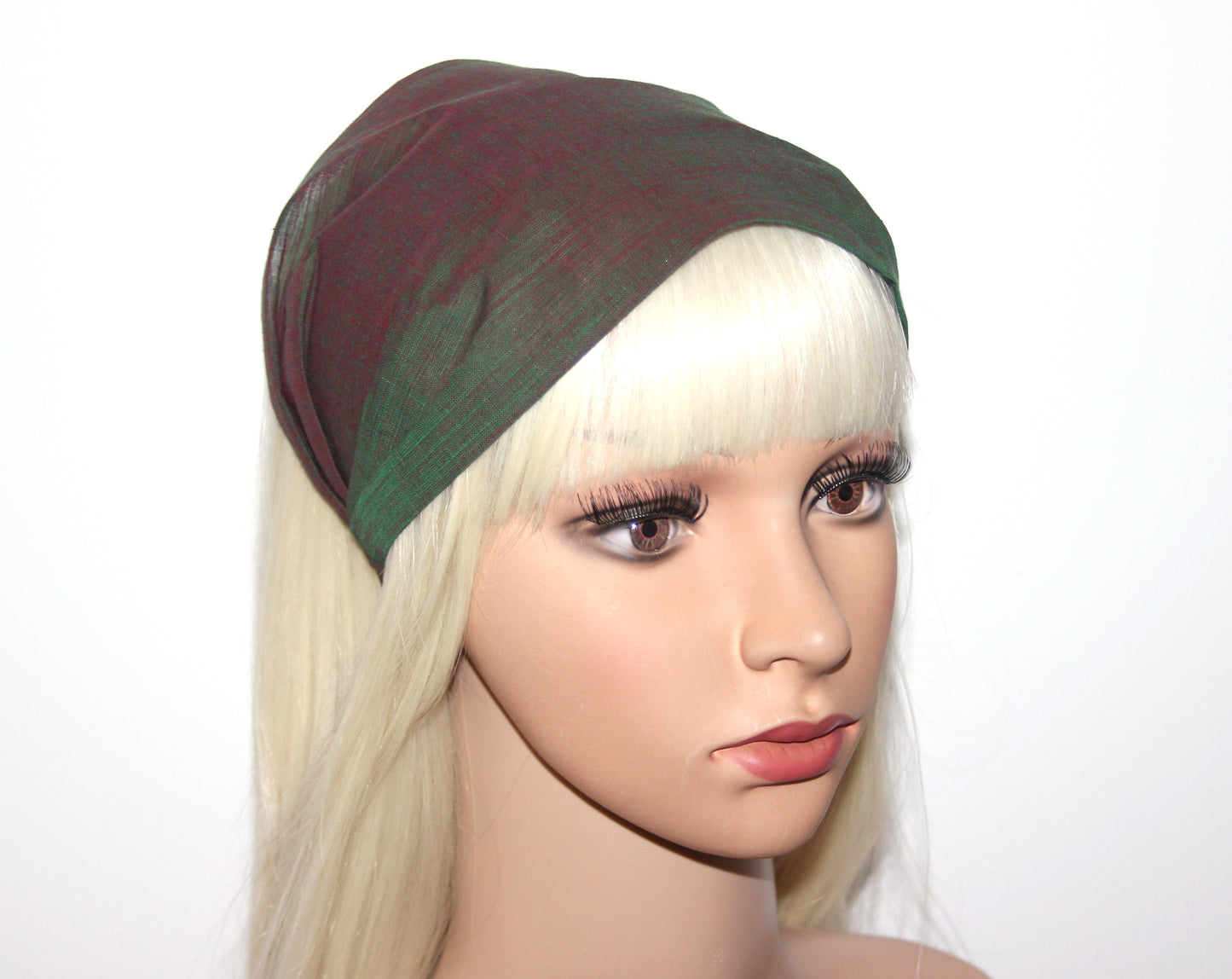 Two tone cotton headband bandana Iridescent Green & Red Handloom khadi head cover