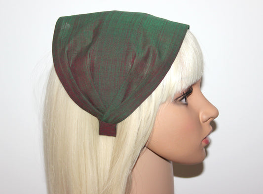 Two tone cotton headband bandana Iridescent Green & Red Handloom khadi head cover