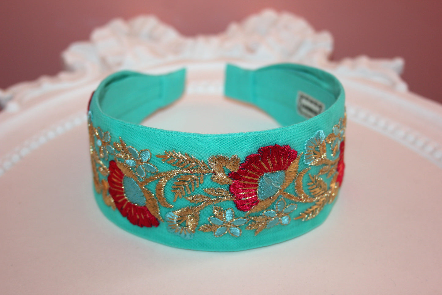 Turquoise embroidered headband adult 2"inch hairband Stunning embroider headpiece