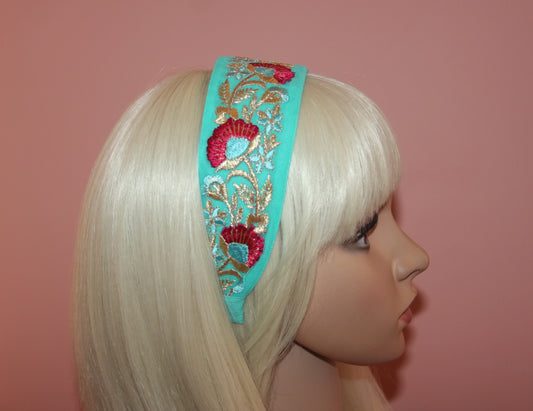 Turquoise embroidered headband adult 2"inch hairband Stunning embroider headpiece