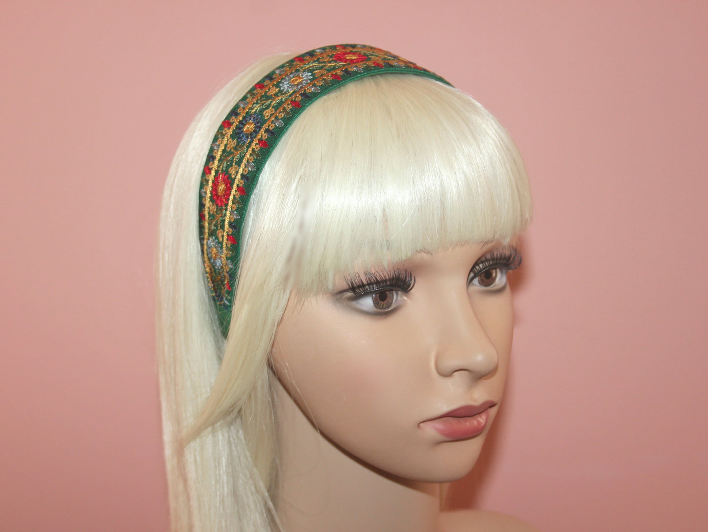 Embroidered headband women 1.6" inch Dark Green silk hairband