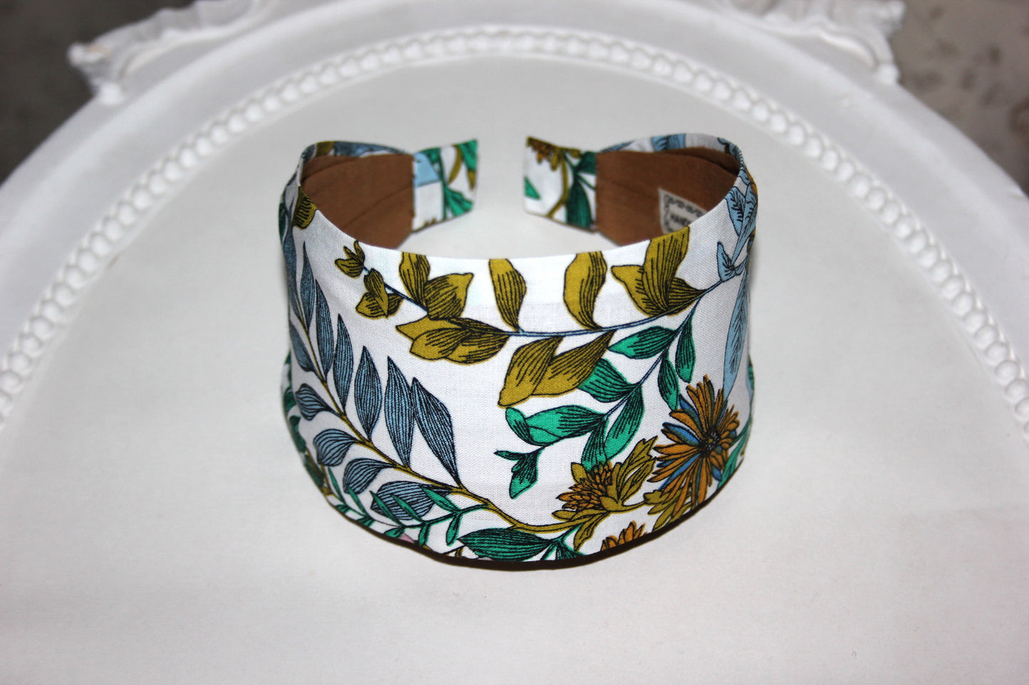 Woman headband White botanical print cotton headcover