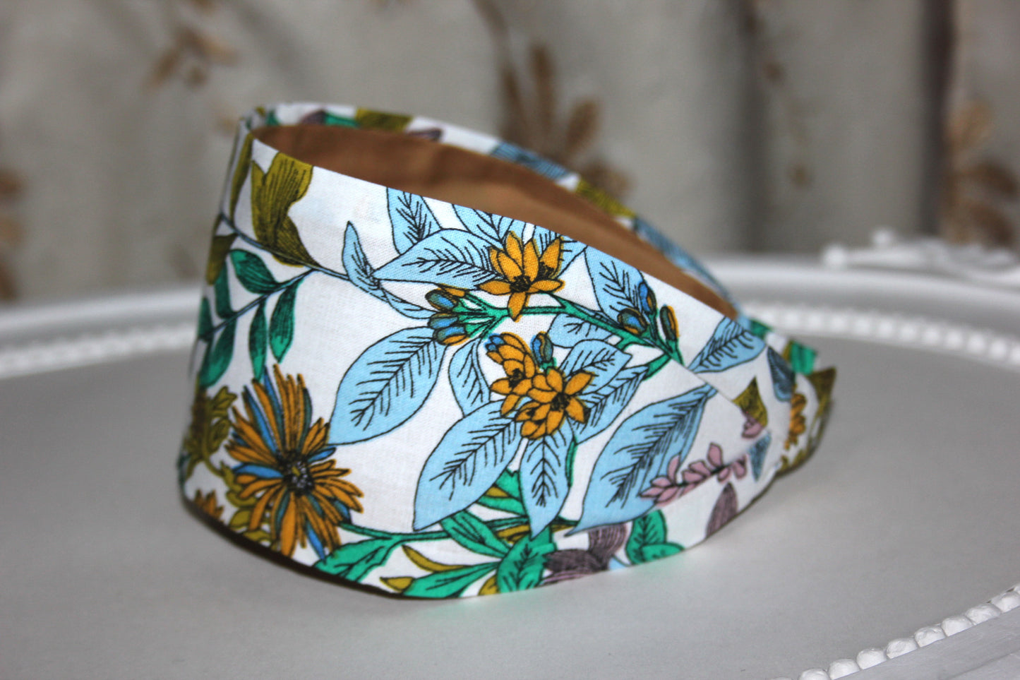 Woman headband White botanical print cotton headcover