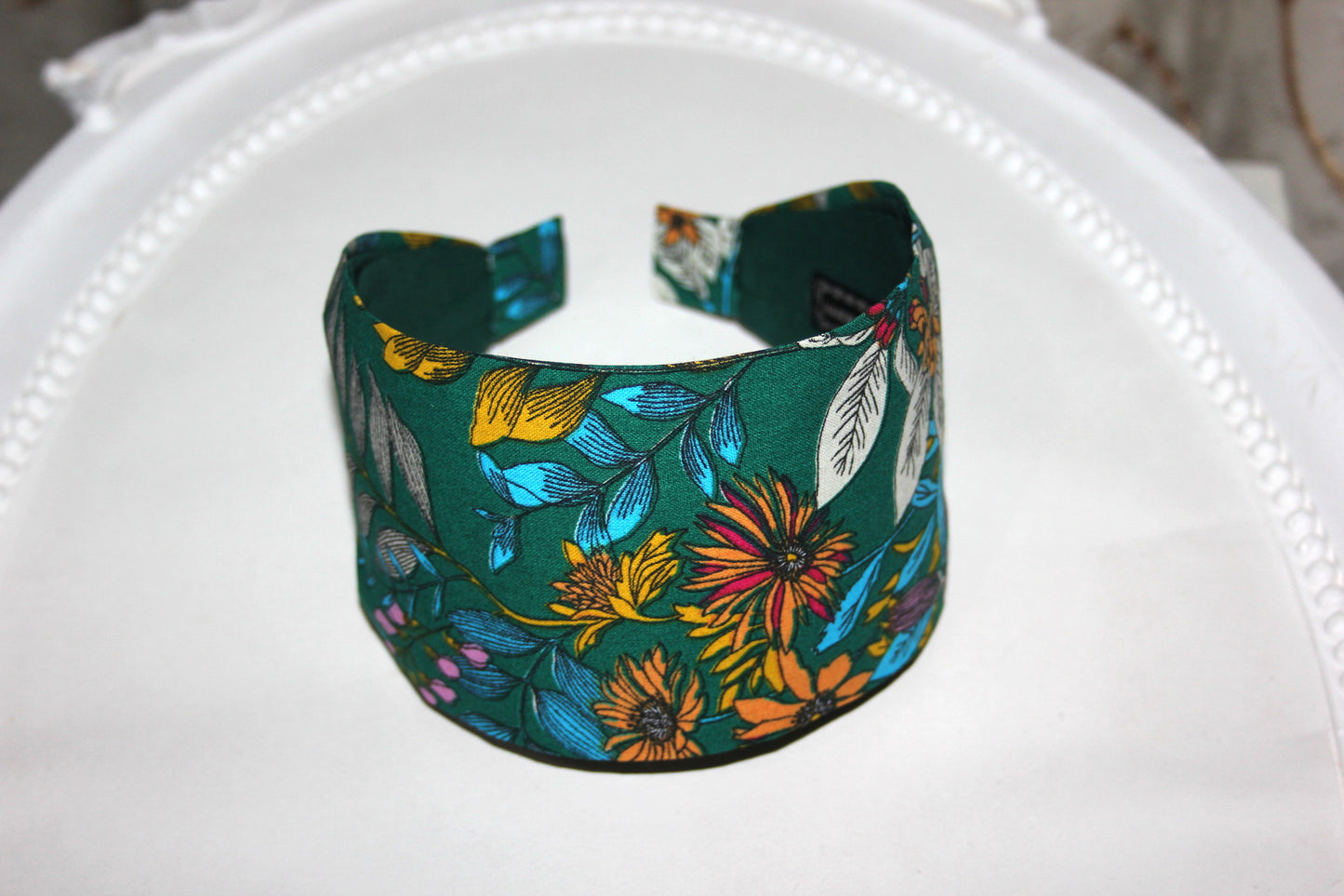 Flower print headband woman dark green botanical cotton fabric extra wide hairband for women
