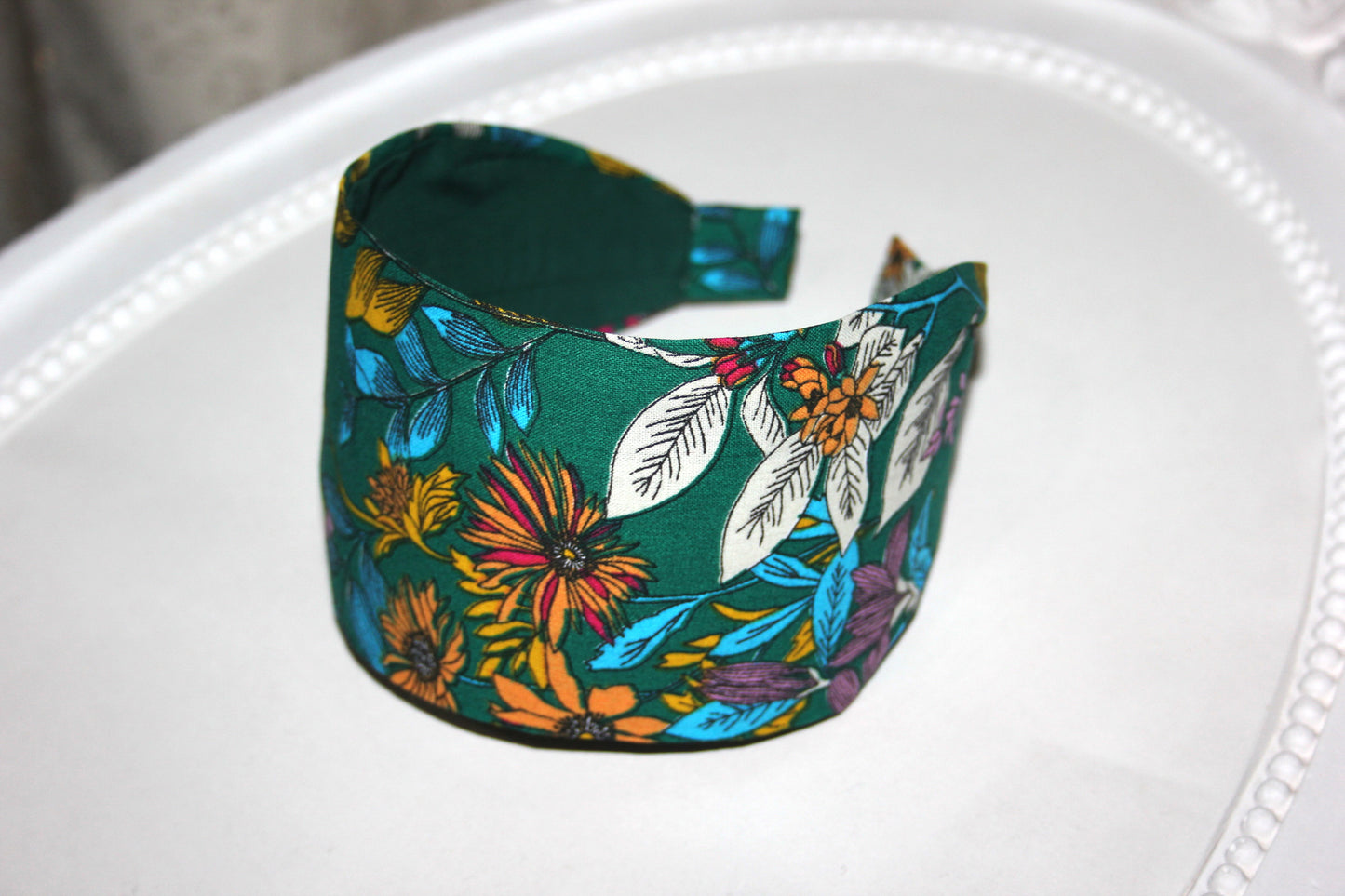 Flower print headband woman dark green botanical cotton fabric extra wide hairband for women