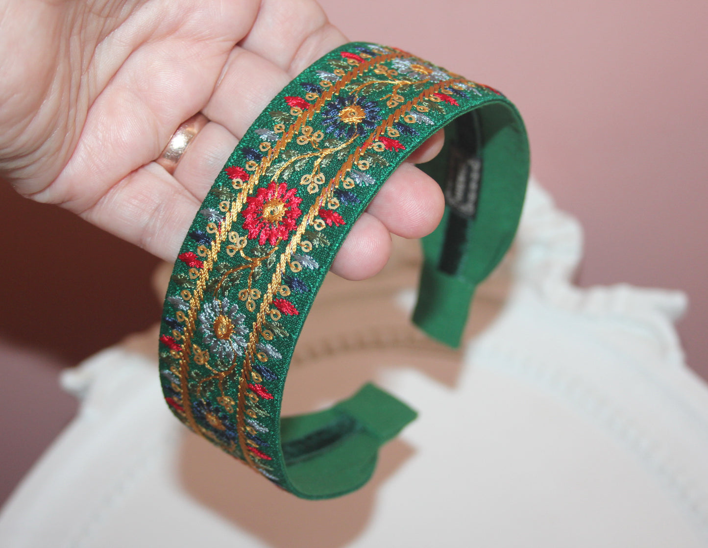 Embroidered headband women 1.6" inch Dark Green silk hairband
