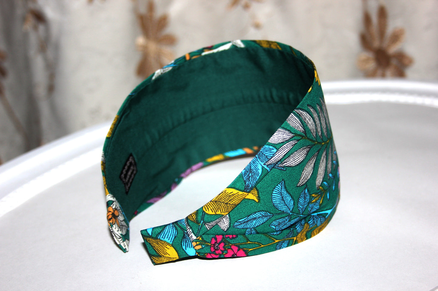 Flower print headband woman dark green botanical cotton fabric extra wide hairband for women