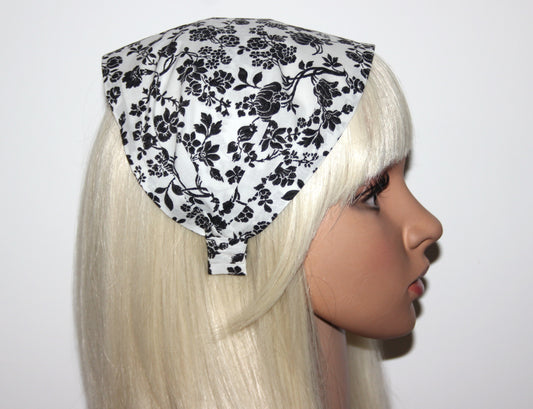 Batiste Bandana Headband White & Black flower print hairband scarf, Extra wide structured no slip headband for women