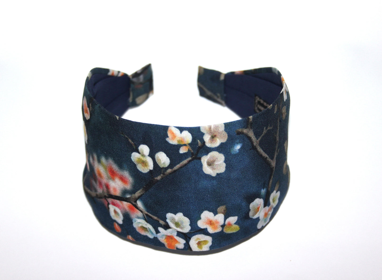 Navy blue wide headband for women Blossom hairband bandana Spring awakening viscose print head scarf