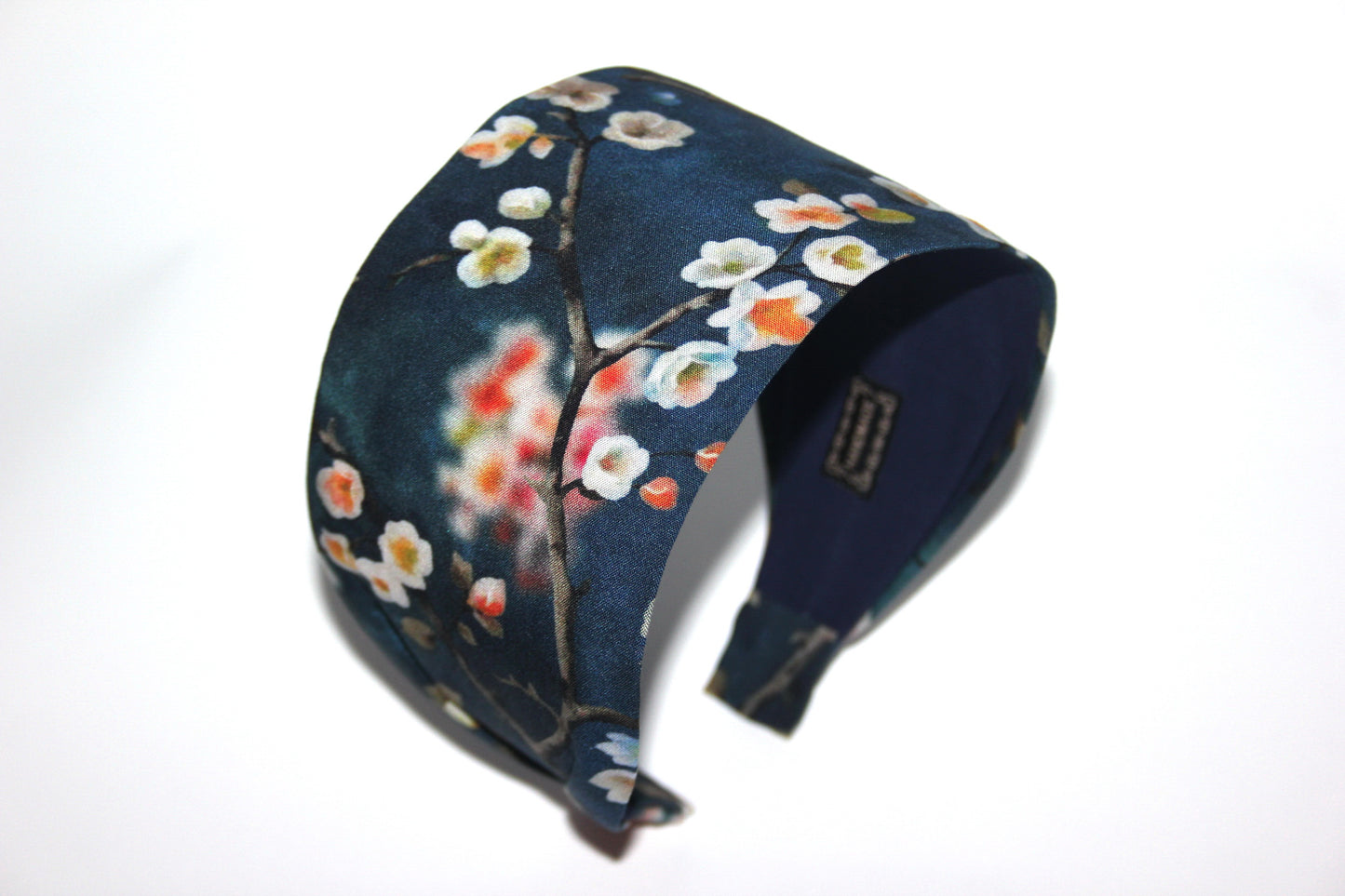 Navy blue wide headband for women Blossom hairband bandana Spring awakening viscose print head scarf