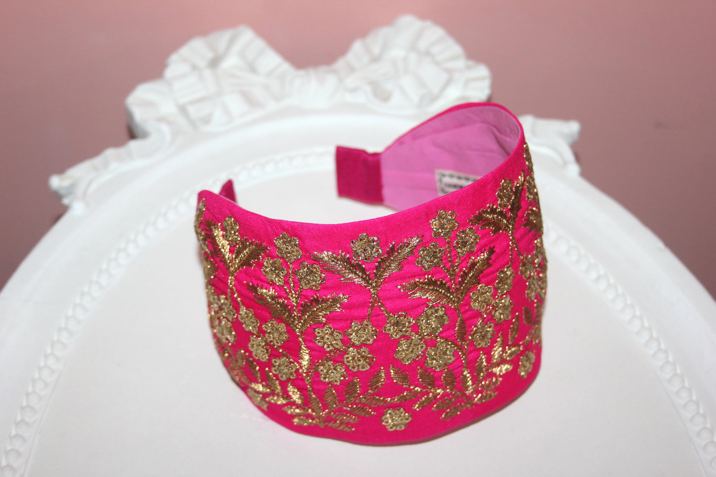 Embroidered silk hairband 3.5 inch Hot Pink & Gold Wide fashion headcover
