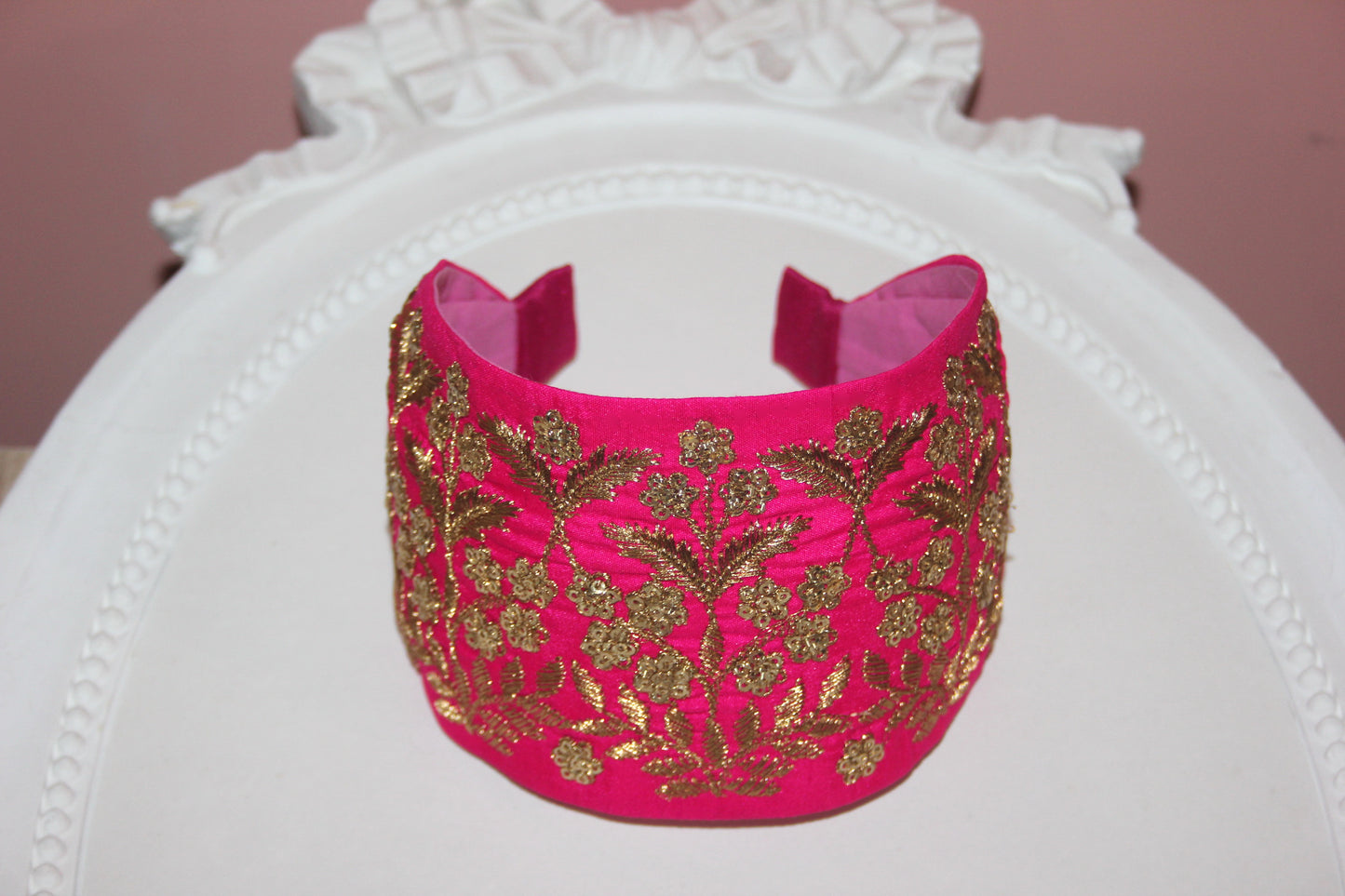 Embroidered silk hairband 3.5 inch Hot Pink & Gold Wide fashion headcover