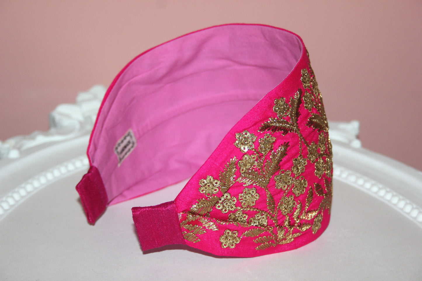 Embroidered silk hairband 3.5 inch Hot Pink & Gold Wide fashion headcover