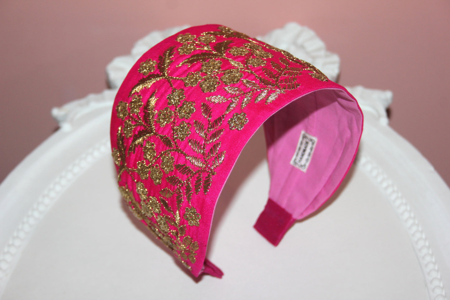 Embroidered silk hairband 3.5 inch Hot Pink & Gold Wide fashion headcover