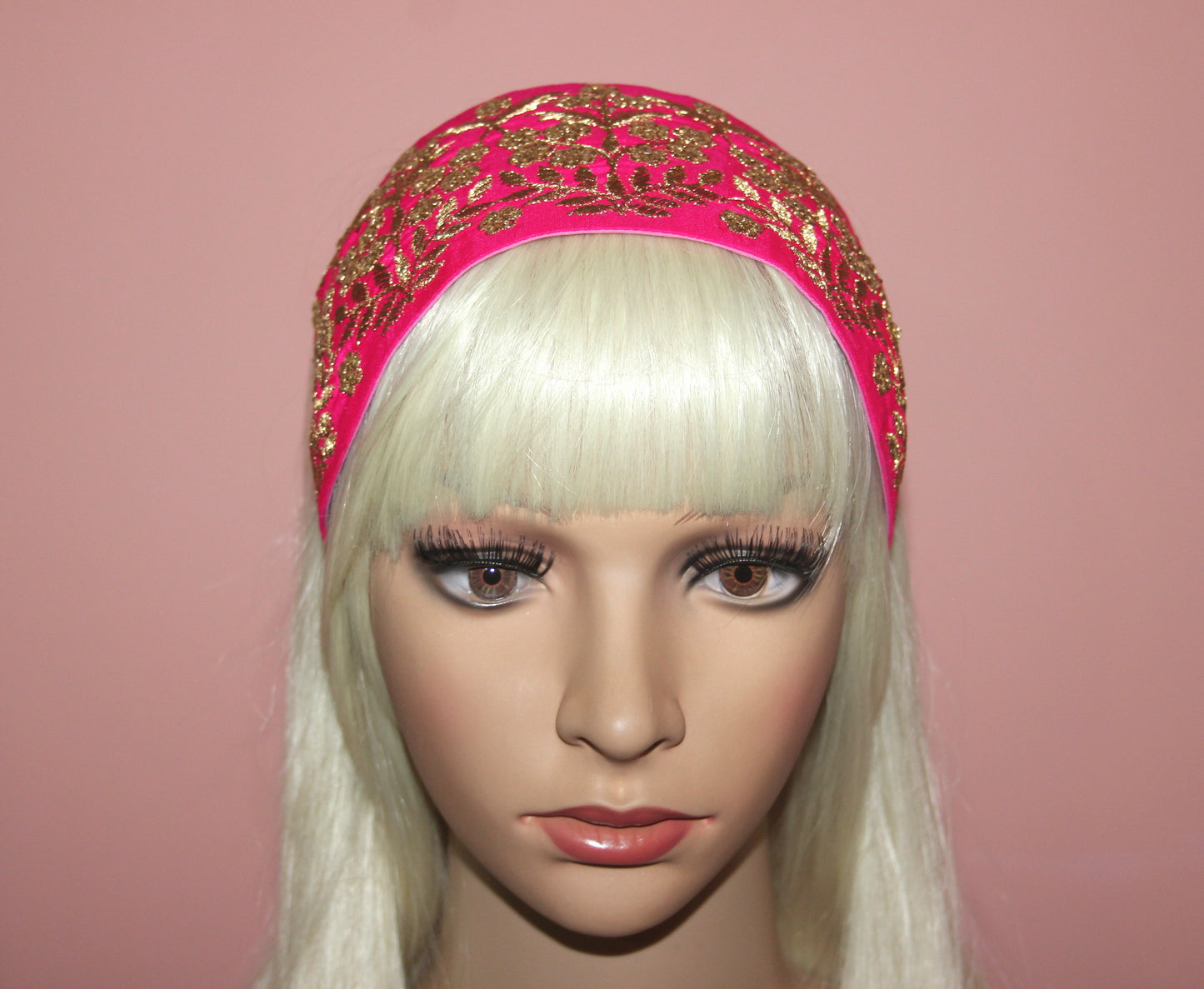 Embroidered silk hairband 3.5 inch Hot Pink & Gold Wide fashion headcover