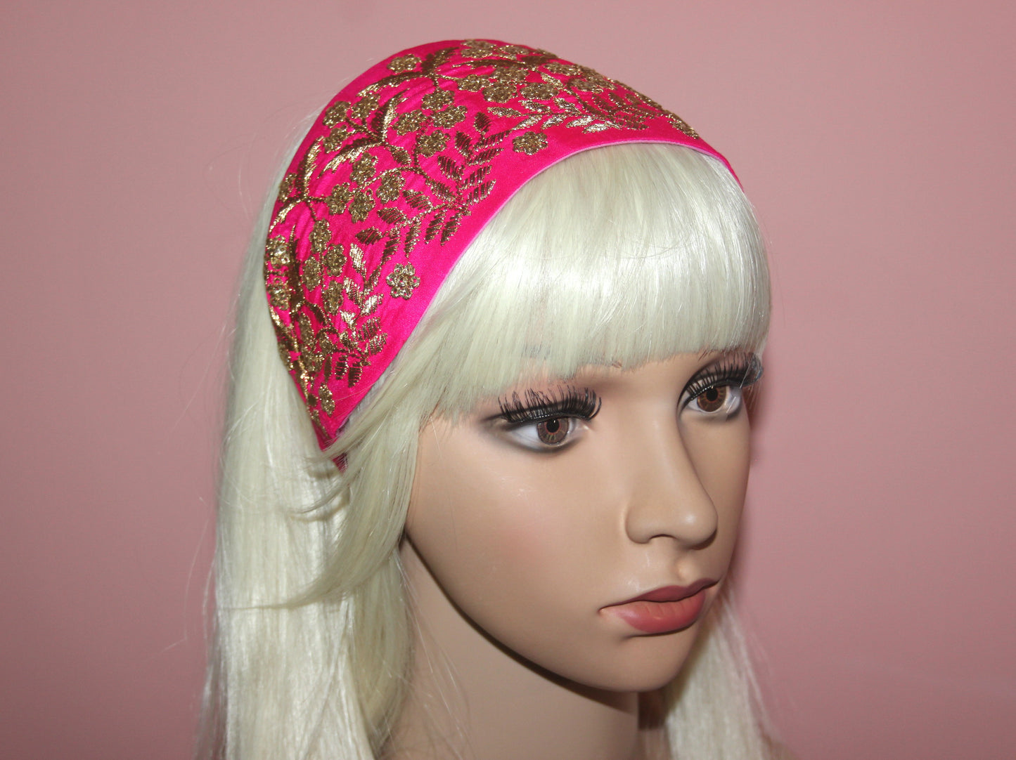 Embroidered silk hairband 3.5 inch Hot Pink & Gold Wide fashion headcover