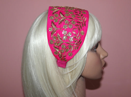 Embroidered silk hairband 3.5 inch Hot Pink & Gold Wide fashion headcover