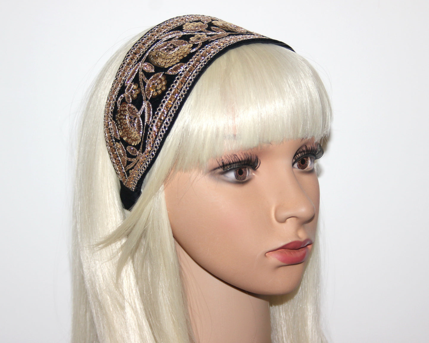 Sequin headband for women Embroidered 2.75'' inch Black & Gold velvet hairband Fashion headcover