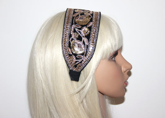 Sequin headband for women Embroidered 2.75'' inch Black & Gold velvet hairband Fashion headcover