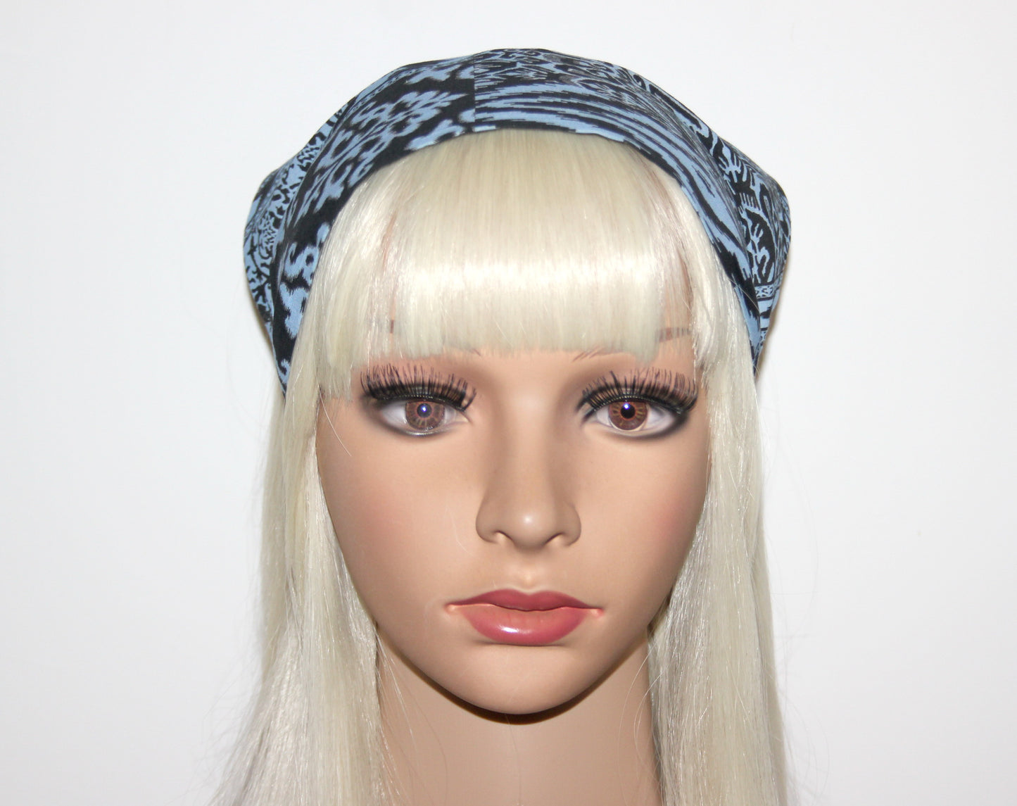 Damask head kerchief Blue & White cotton bandana headband
