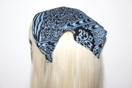 Damask head kerchief Blue & White cotton bandana headband