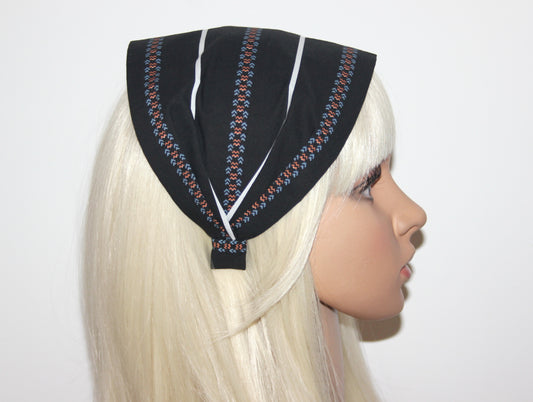 Black headband bandana Stripe & Ethnic print hairband, Wide cotton head cover, structured no slip headband