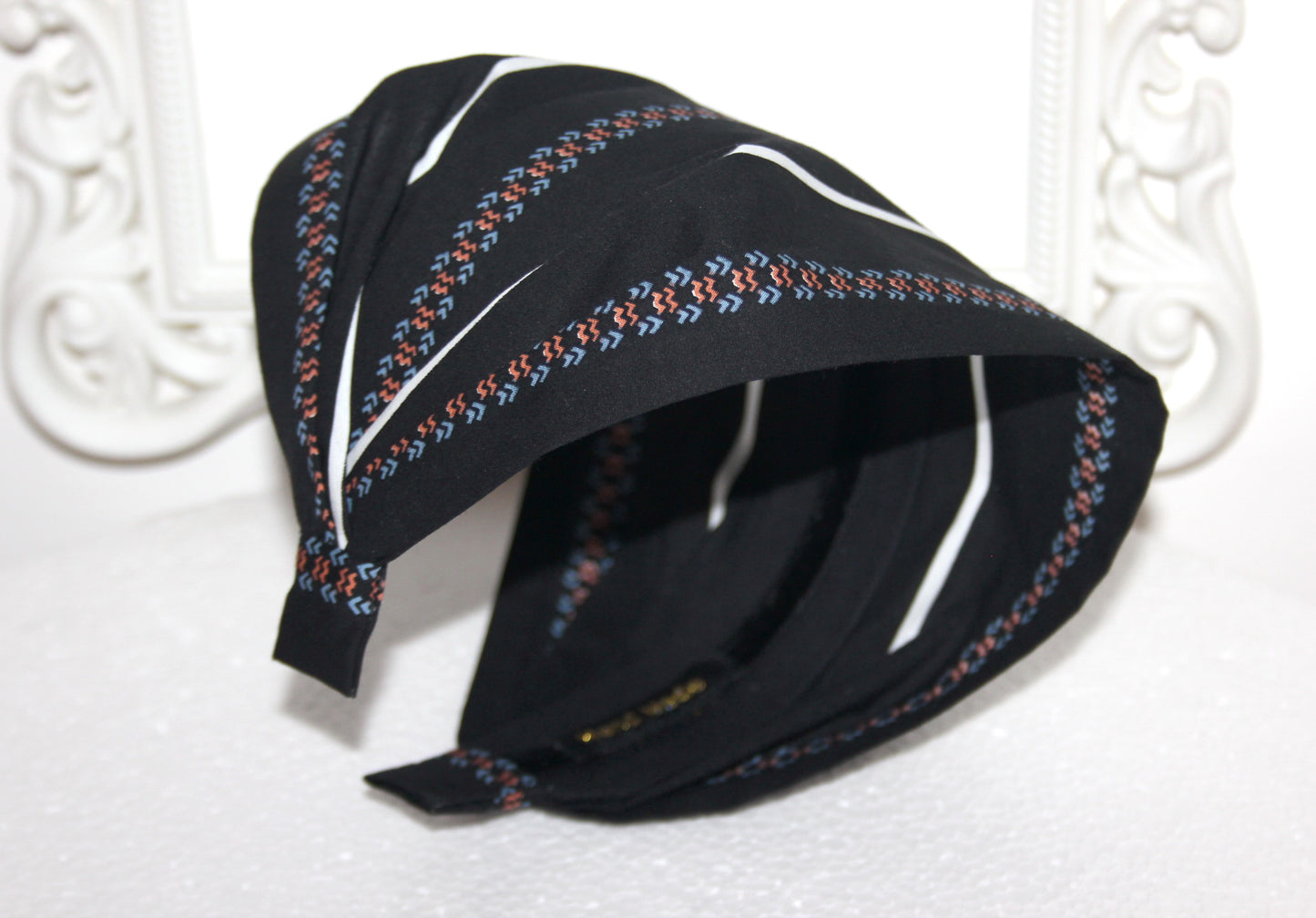 Black headband bandana Stripe & Ethnic print hairband, Wide cotton head cover, structured no slip headband