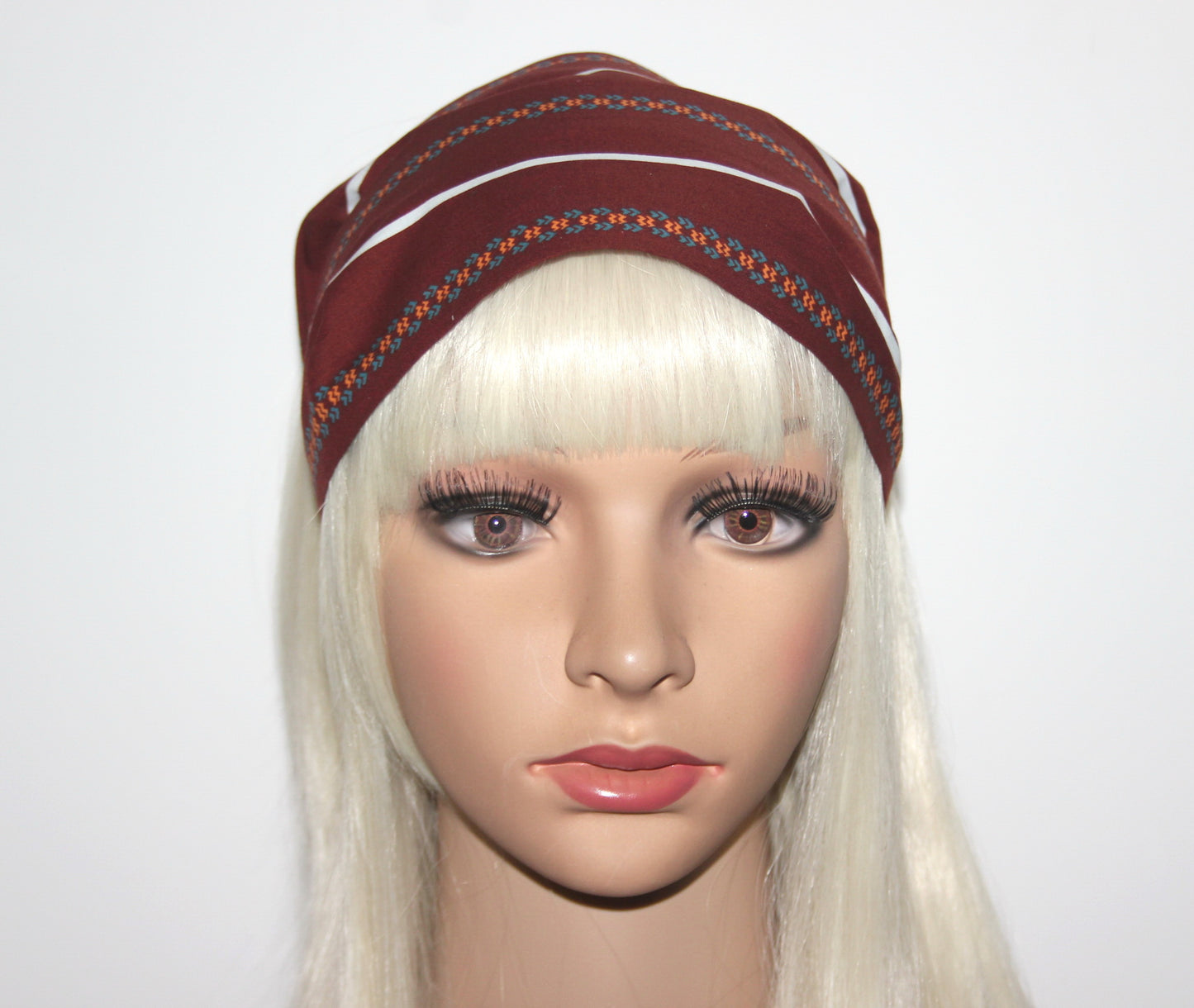 Brown headband bandana Stripe & Ethnic print hairband, Wide cotton head cover