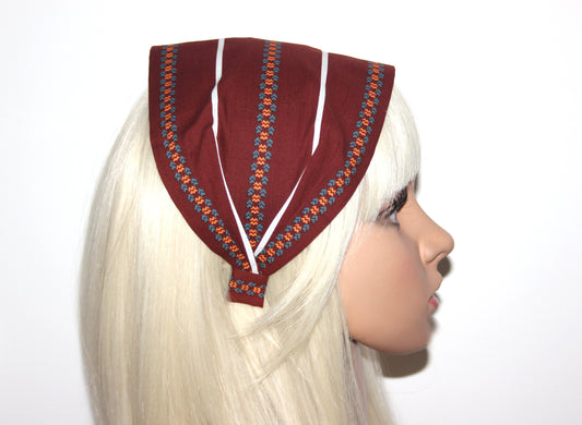 Brown headband bandana Stripe & Ethnic print hairband, Wide cotton head cover