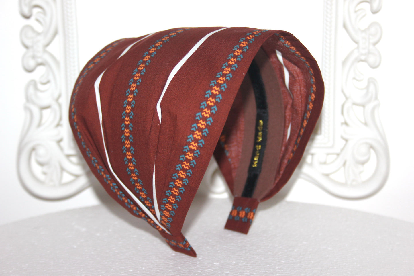 Brown headband bandana Stripe & Ethnic print hairband, Wide cotton head cover